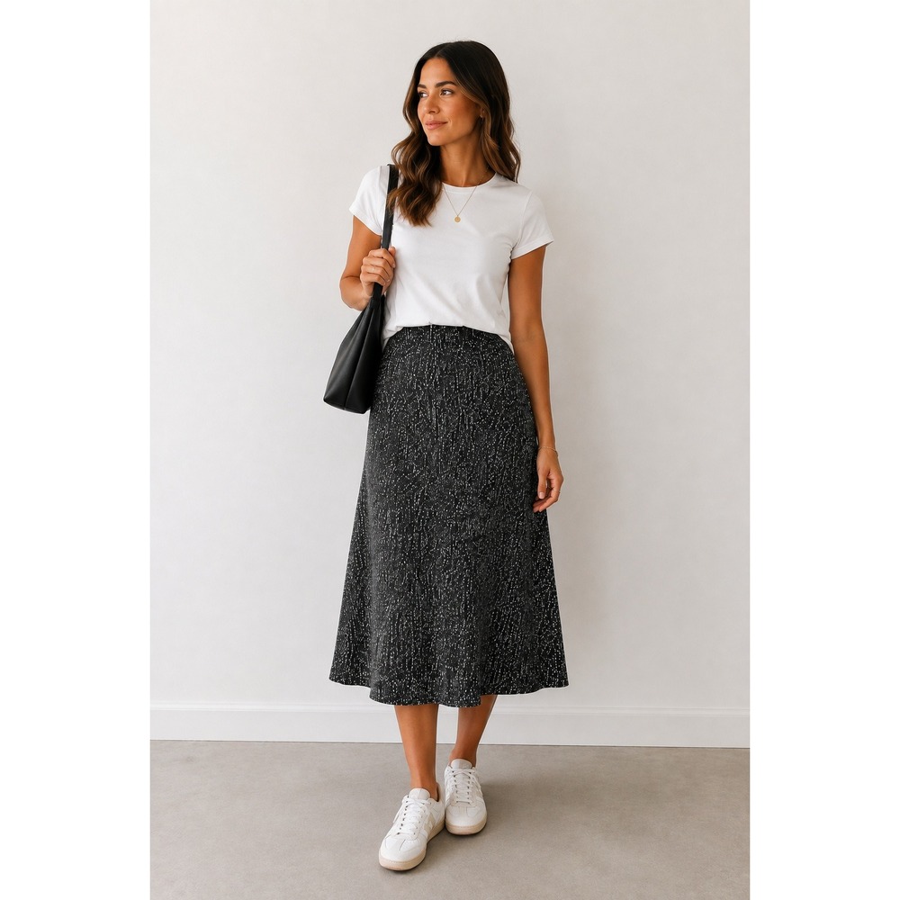 St. John Rib Tweed Midi Skirt Black White Marled Knit Cotton Silk Blend XS NWT